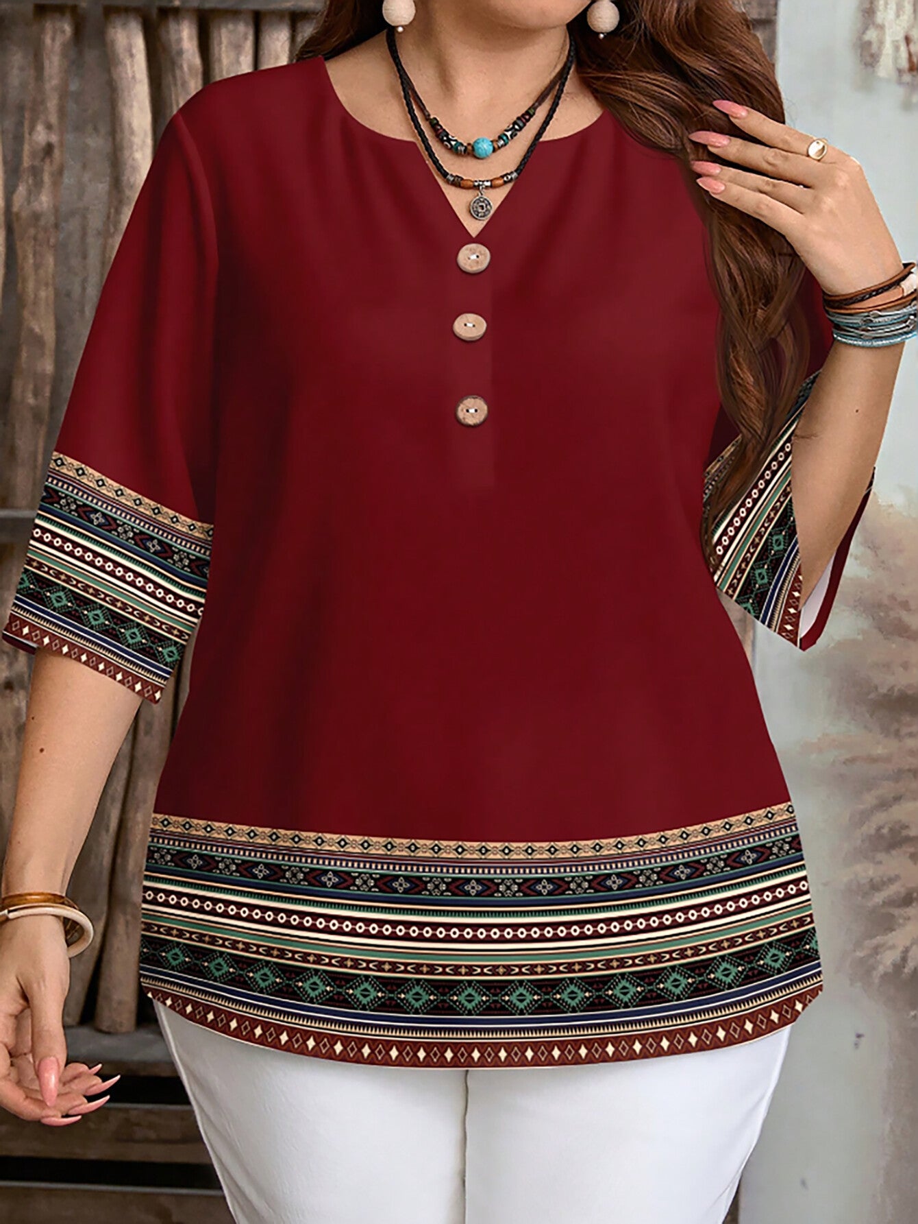 Women's Plus Size Vintage Print V-Neck Blouse with Casual Loose 3/4 Sleeve