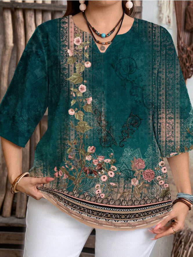 Women's Plus Size Vintage Print V-Neck Blouse with Casual Loose 3/4 Sleeve