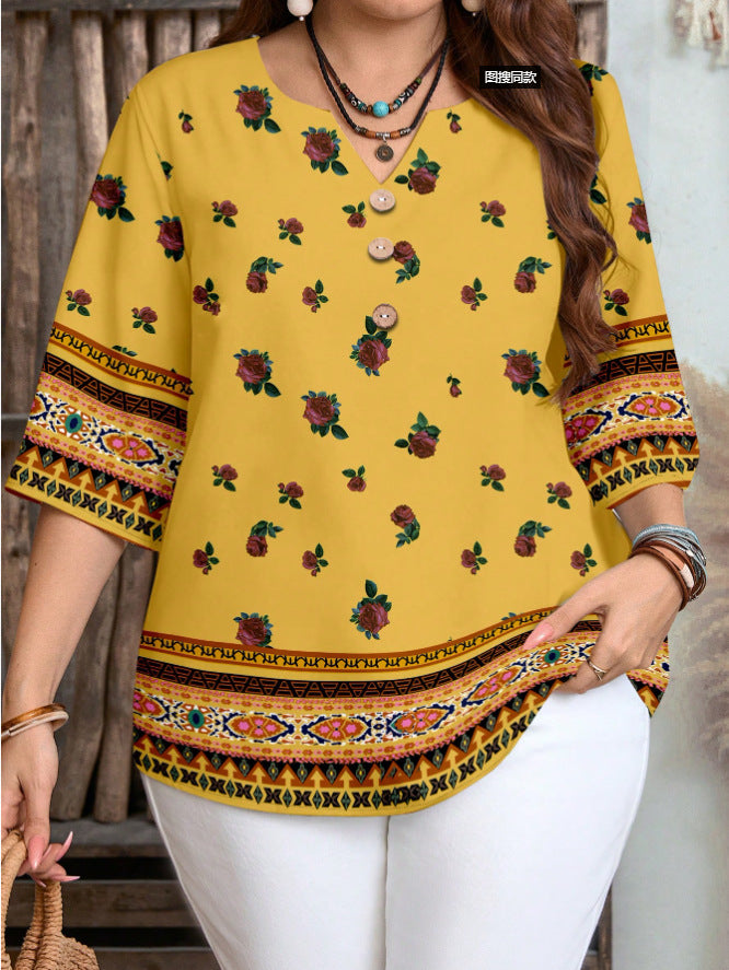 Women's Plus Size Vintage Print V-Neck Blouse with Casual Loose 3/4 Sleeve