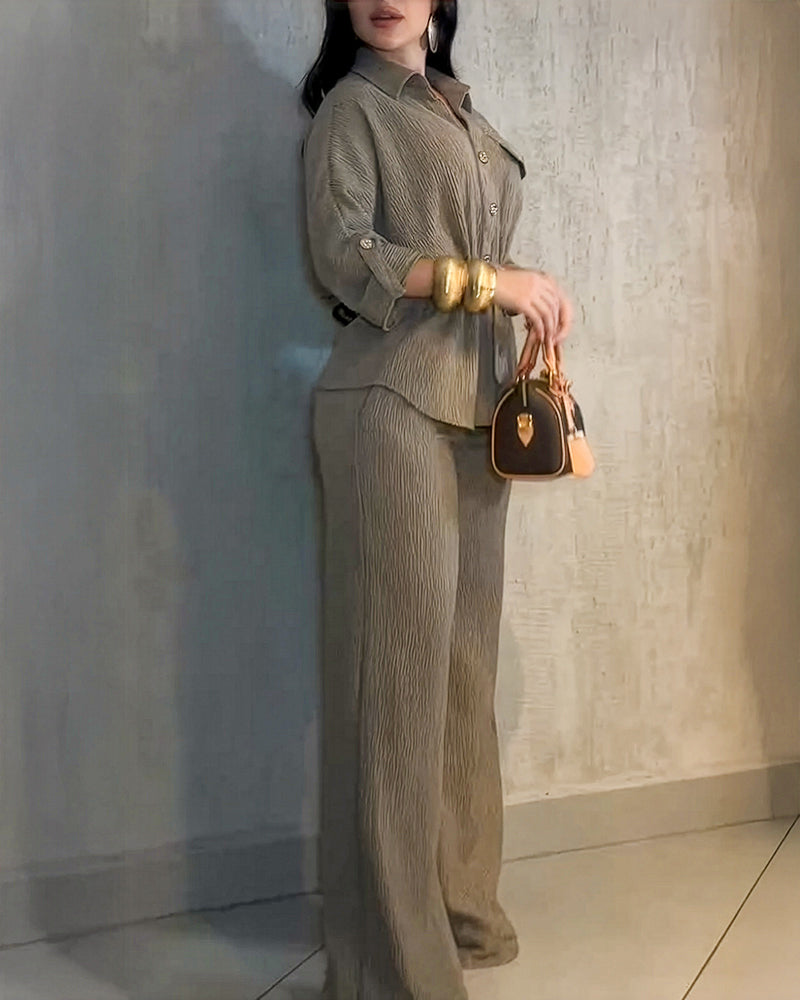 Women’s Collared Button-Up Shirt & Elastic Waist Wide-Leg Pants Set with Drawstring Waist