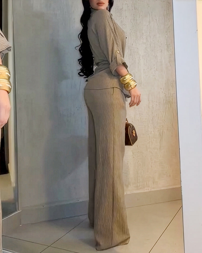 Women’s Collared Button-Up Shirt & Elastic Waist Wide-Leg Pants Set with Drawstring Waist