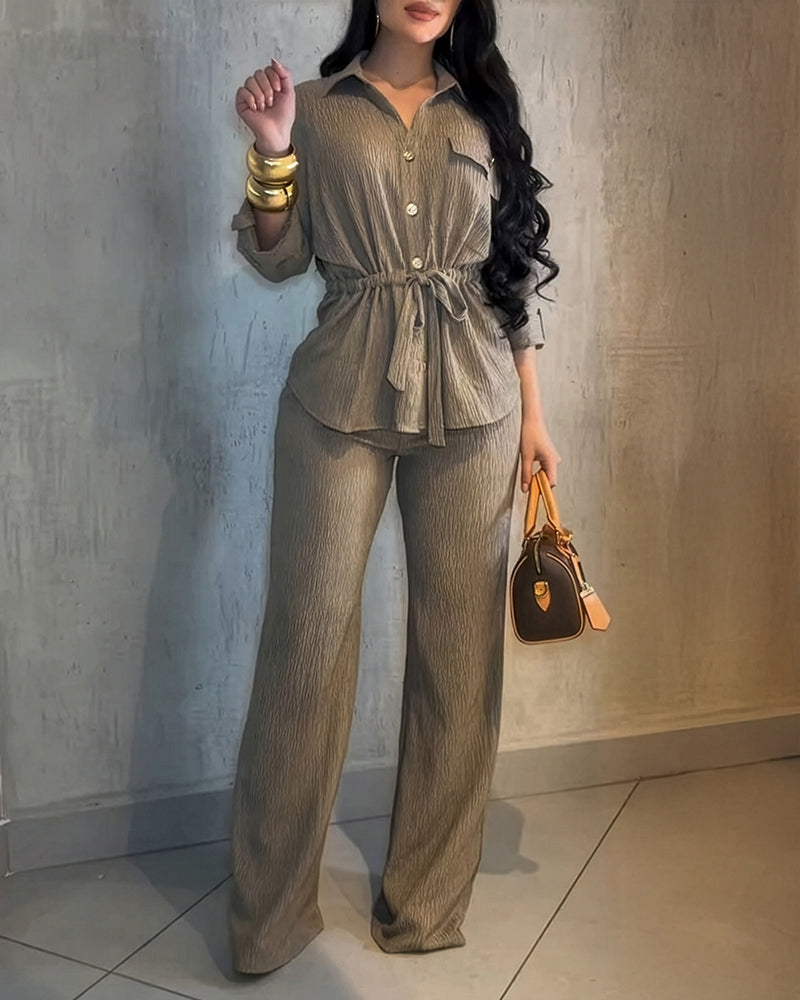 Women’s Collared Button-Up Shirt & Elastic Waist Wide-Leg Pants Set with Drawstring Waist