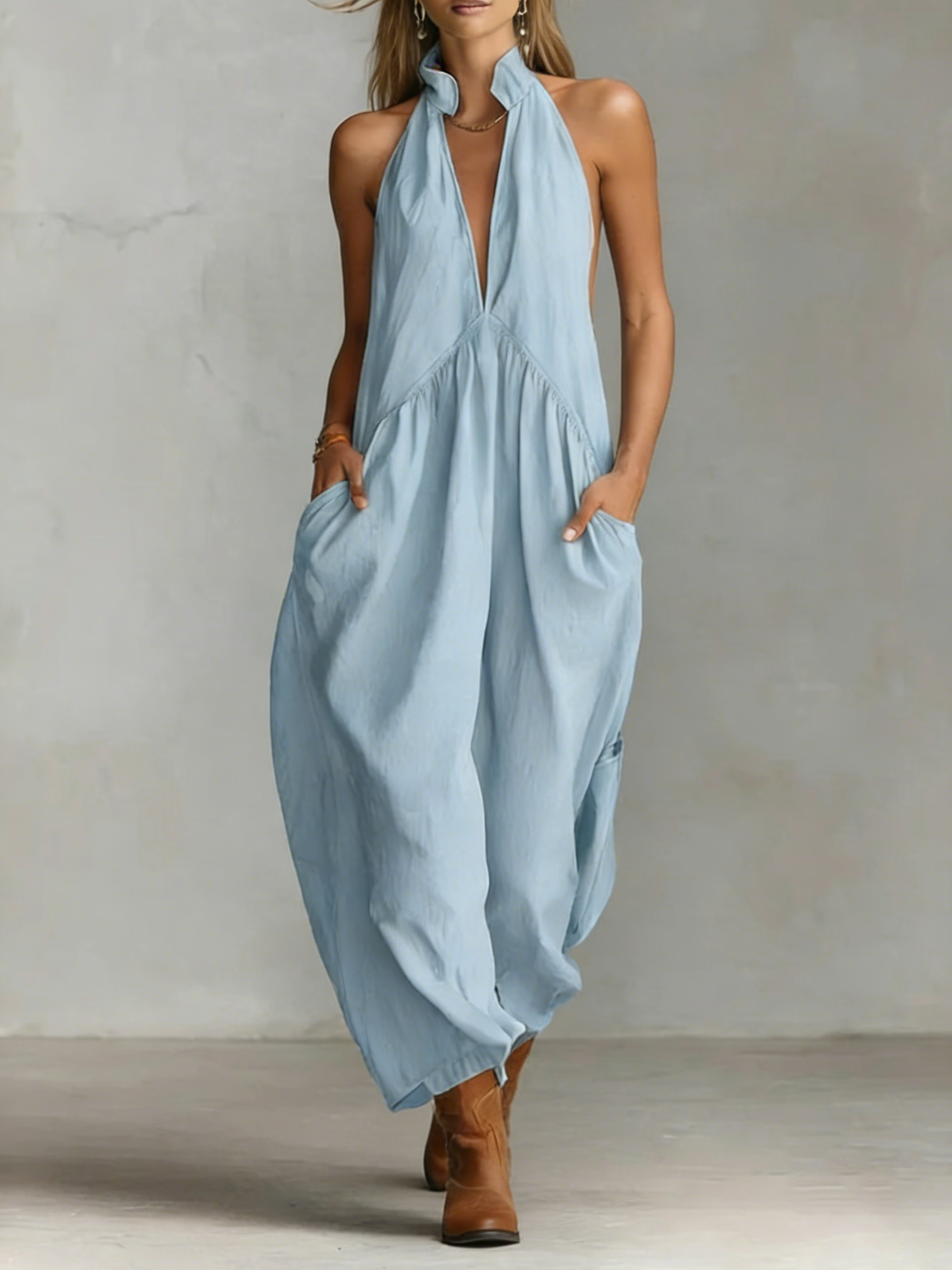 Minimalist Halter Maxi Dress — Casual, Loose-Fit Dress with Pockets