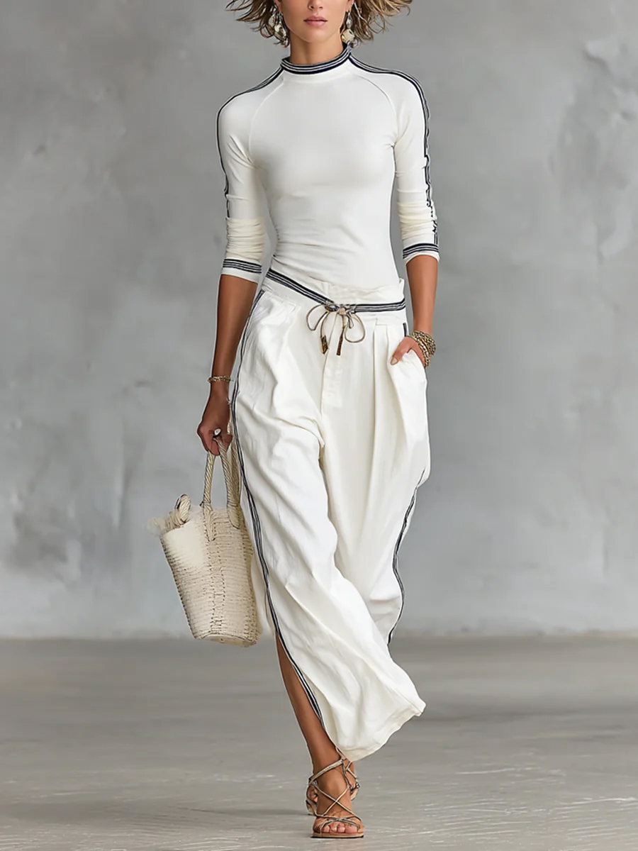 Cozy Stretch Knit Top And Linen And Cotton Trousers Two-piece Set