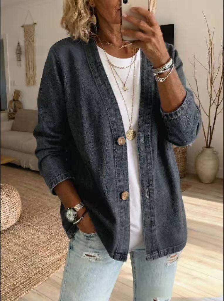 🧥 50% OFF NOW! ✨ Women's Classic Button Front Denim Jacket – V-Neck, Breathable Fabric & Relaxed Fit 💙