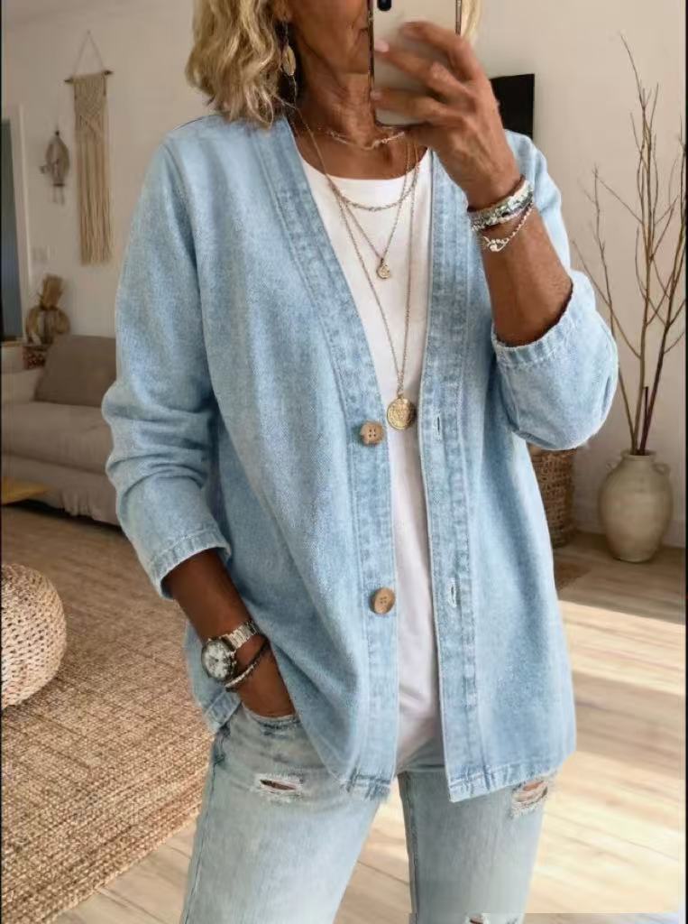 🧥 50% OFF NOW! ✨ Women's Classic Button Front Denim Jacket – V-Neck, Breathable Fabric & Relaxed Fit 💙