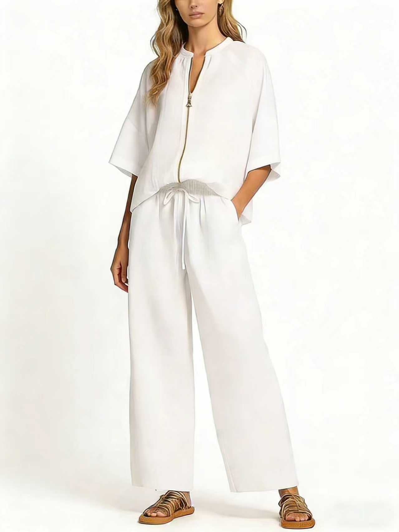 👚 40% OFF! 👖 Women's Solid Color 2-Piece Tracksuit – Puff Sleeve, Wide Leg, Zipper Detail ✨