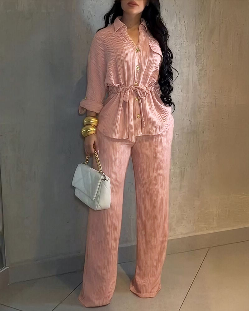 Women’s Collared Button-Up Shirt & Elastic Waist Wide-Leg Pants Set with Drawstring Waist