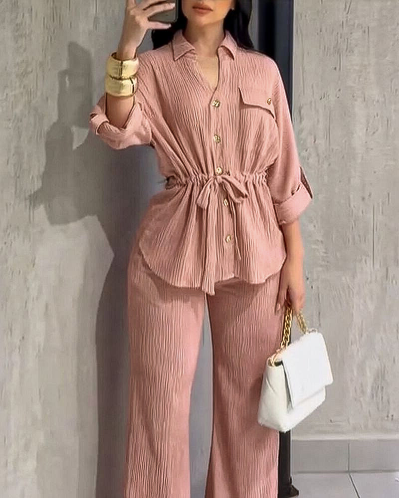 Women’s Collared Button-Up Shirt & Elastic Waist Wide-Leg Pants Set with Drawstring Waist