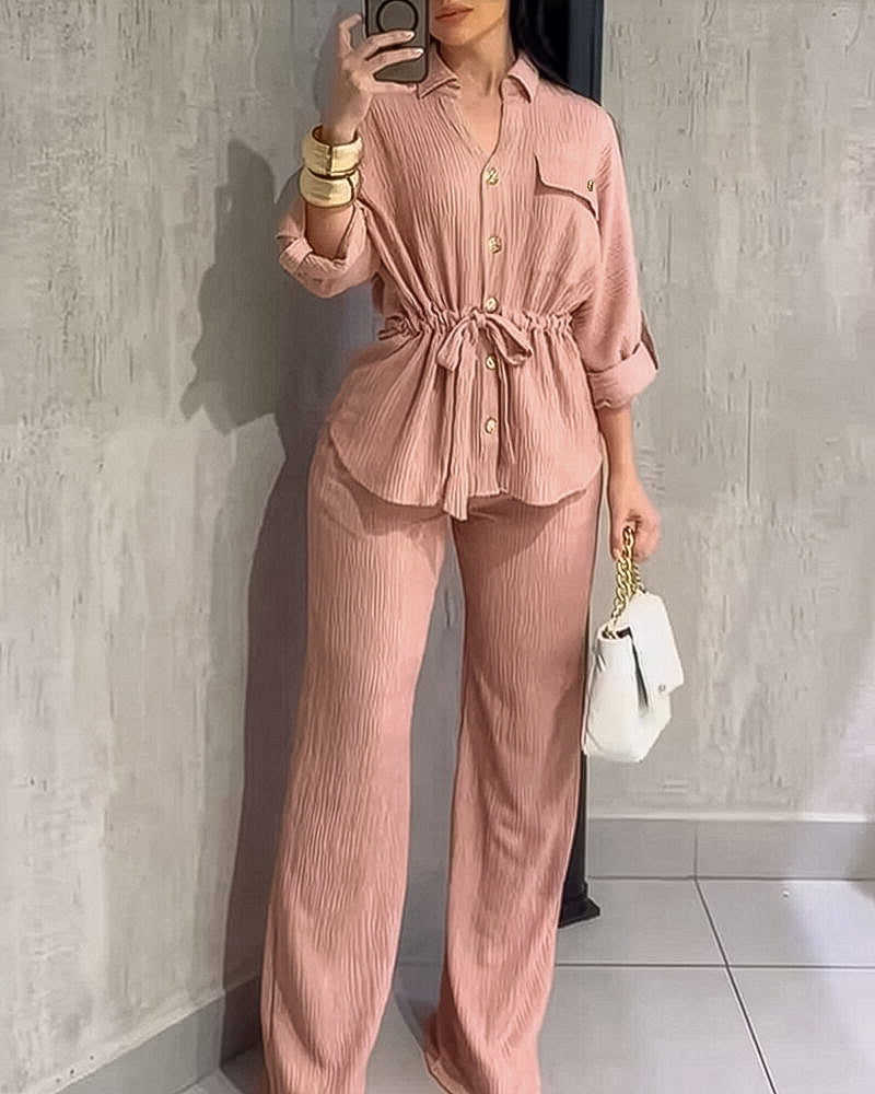 Women’s Collared Button-Up Shirt & Elastic Waist Wide-Leg Pants Set with Drawstring Waist