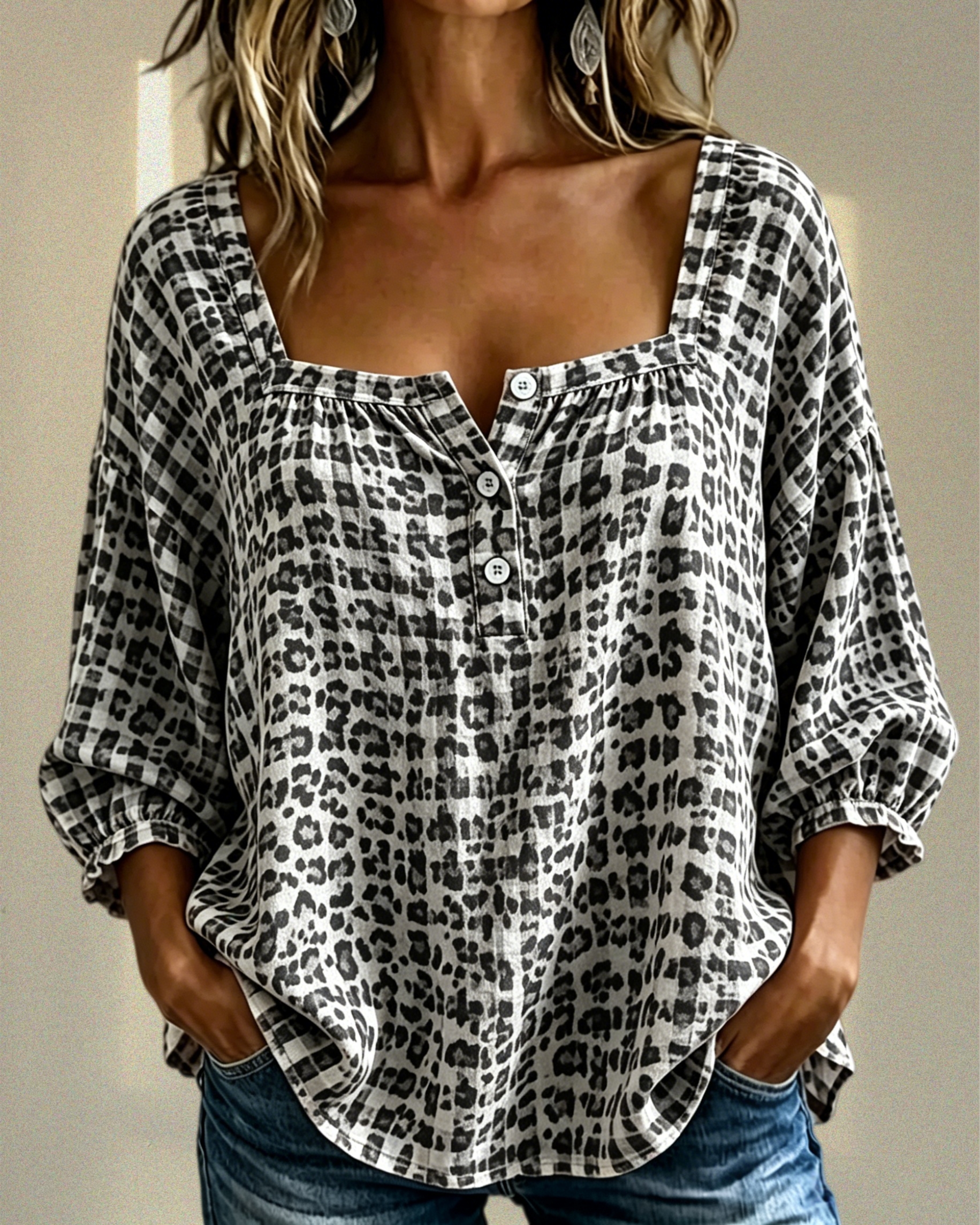 ⚡Today 49% OFF⚡Women’s Cotton Linen Leopard Square-Neck Top