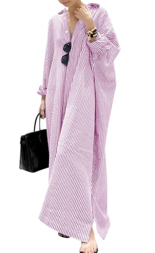 Women's Casual Long Sleeve Button Down Loose Striped Cotton Maxi Shirt Dress