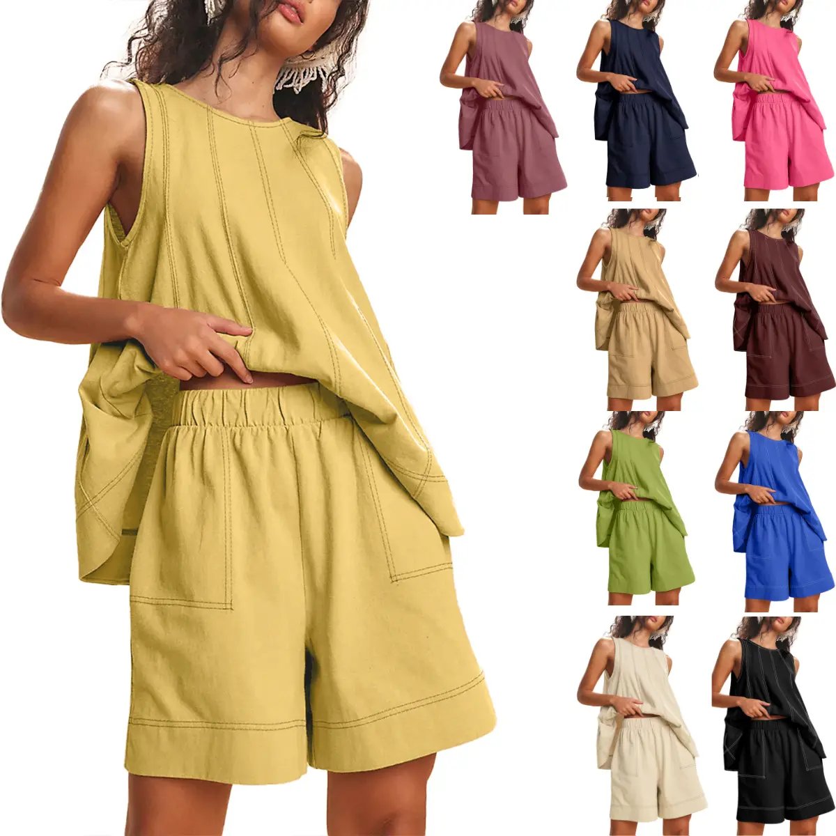 Women's 2 Piece Outfits Sleeveless Matching Sets A Line Tank Tops Contrast Stitching High Waist Shorts with Pockets, 2 Piece Sets, Women 2 Piece Sets,summerwins