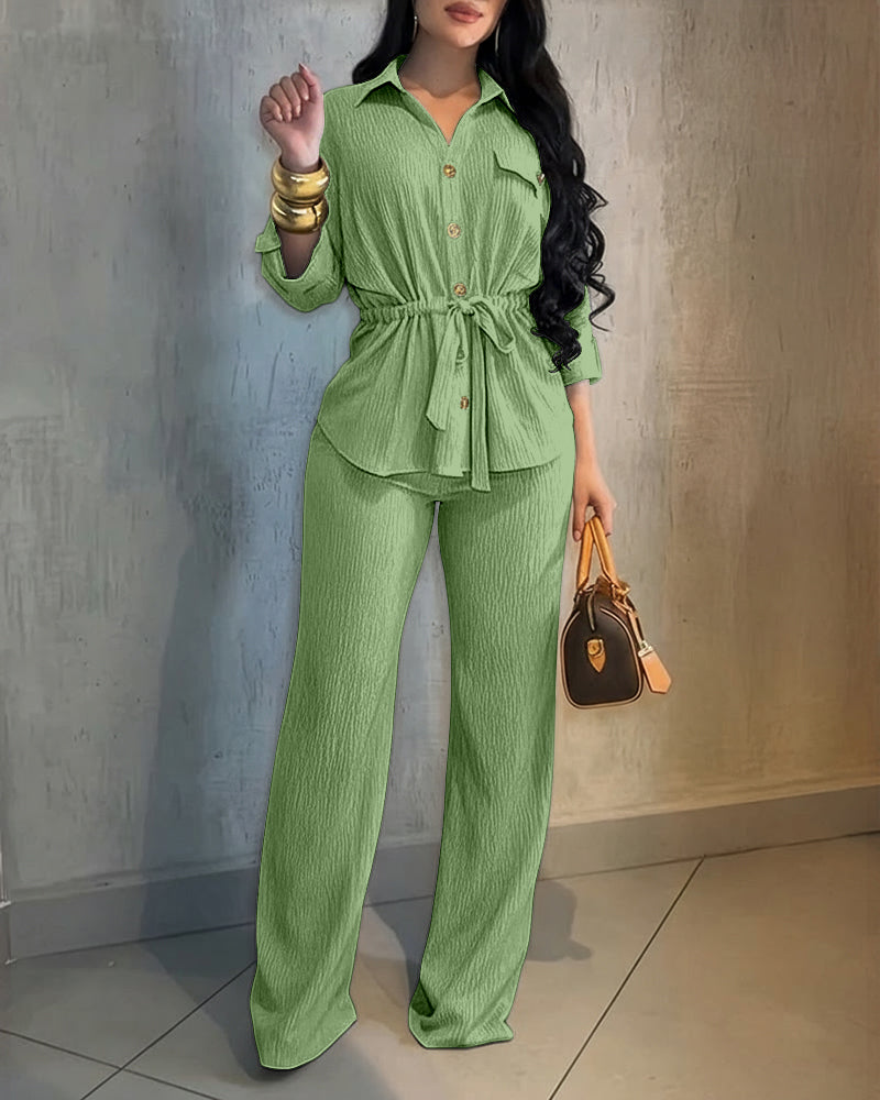Women’s Collared Button-Up Shirt & Elastic Waist Wide-Leg Pants Set with Drawstring Waist