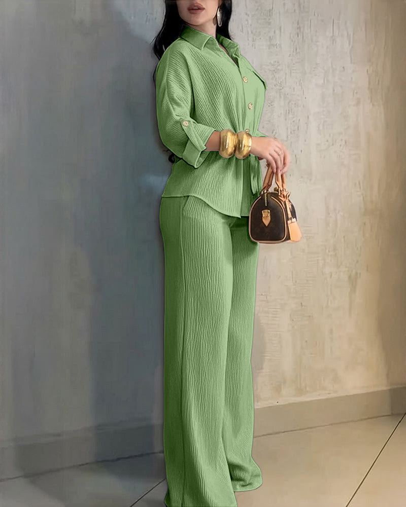 Women’s Collared Button-Up Shirt & Elastic Waist Wide-Leg Pants Set with Drawstring Waist