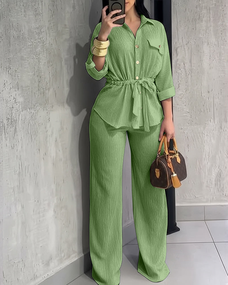 Women’s Collared Button-Up Shirt & Elastic Waist Wide-Leg Pants Set with Drawstring Waist