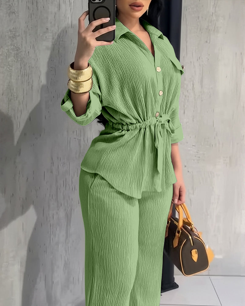 Women’s Collared Button-Up Shirt & Elastic Waist Wide-Leg Pants Set with Drawstring Waist