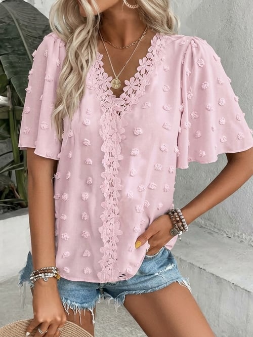 🔥 Elegant Swiss Dot Lace Butterfly Sleeve Shirt, Long Sleeve Commuter Top, Loose Fit Casual Summer Blouse for Women