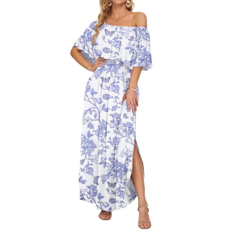 🔥Women's Off The Shoulder Dress Wedding Guest Dress Summer Casual Long Ruffle Party Side Split Beach Maxi Dresses