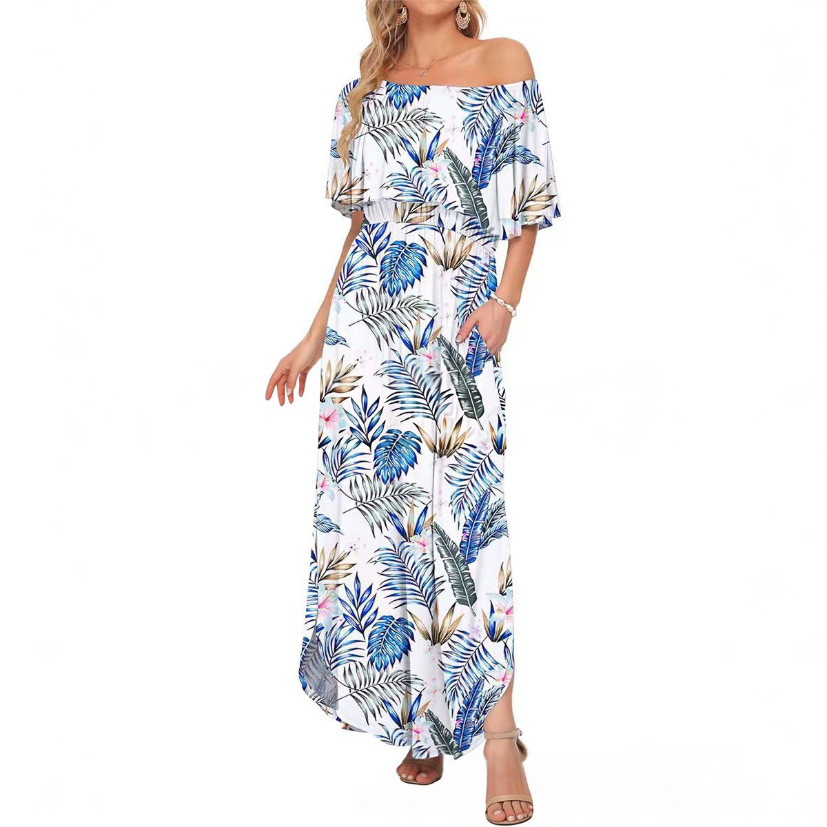 🔥Women's Off The Shoulder Dress Wedding Guest Dress Summer Casual Long Ruffle Party Side Split Beach Maxi Dresses