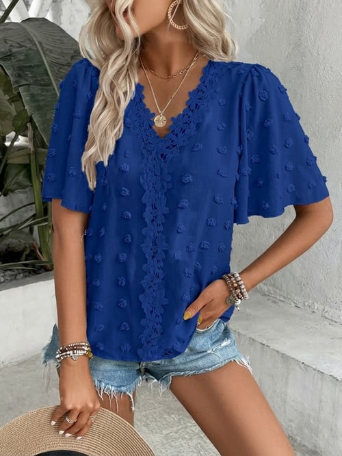 🔥 Elegant Swiss Dot Lace Butterfly Sleeve Shirt, Long Sleeve Commuter Top, Loose Fit Casual Summer Blouse for Women