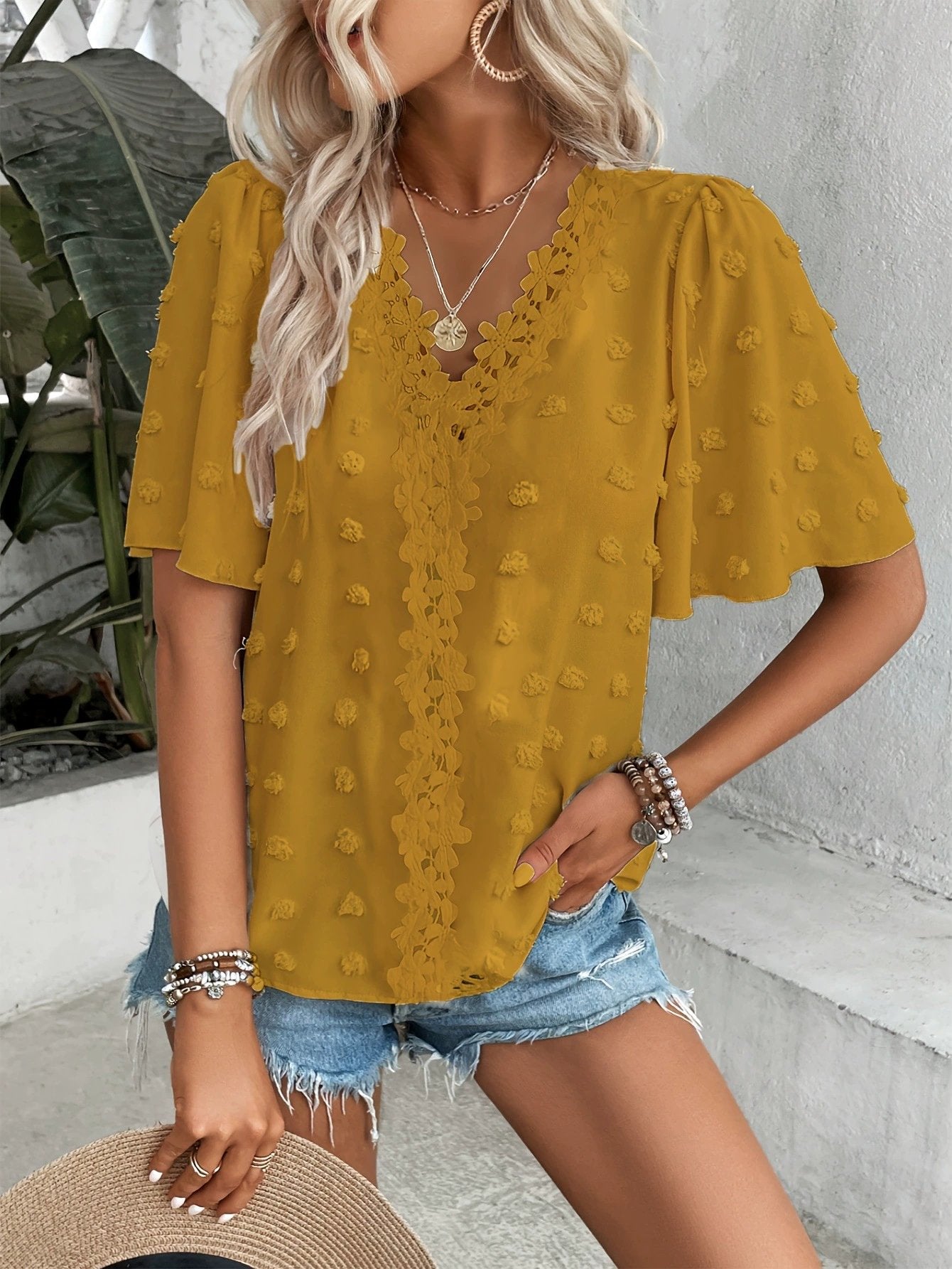 🔥 Elegant Swiss Dot Lace Butterfly Sleeve Shirt, Long Sleeve Commuter Top, Loose Fit Casual Summer Blouse for Women