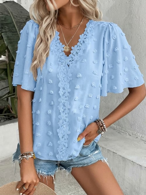 🔥 Elegant Swiss Dot Lace Butterfly Sleeve Shirt, Long Sleeve Commuter Top, Loose Fit Casual Summer Blouse for Women