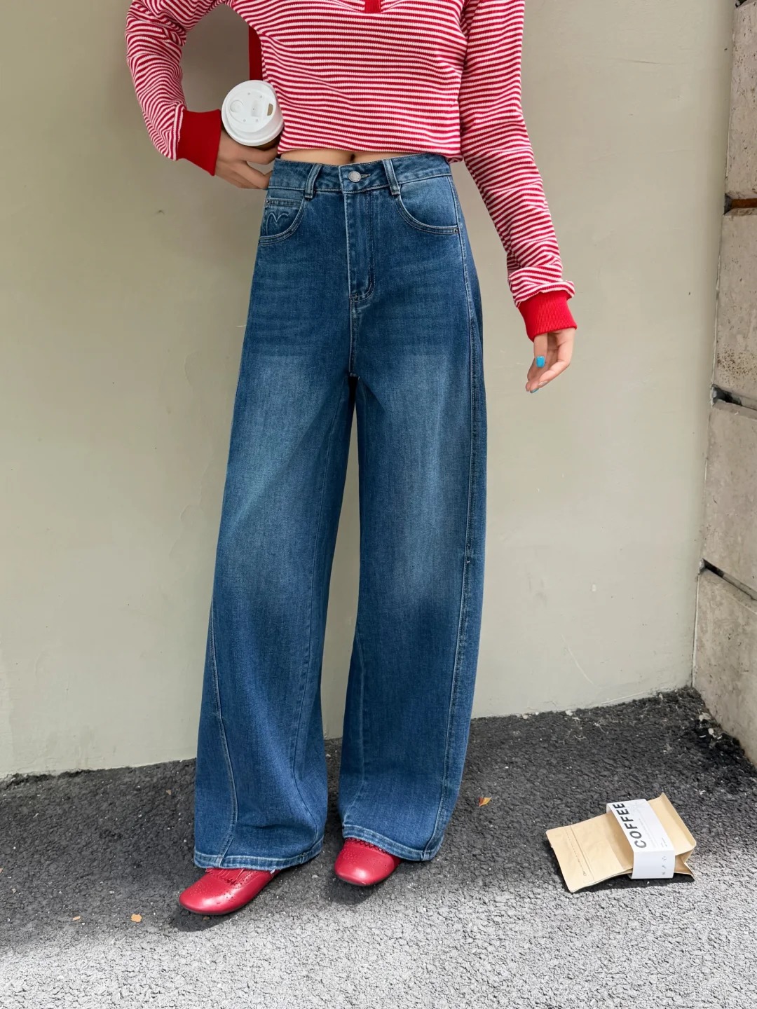Retro Dark Blue Paneled Wide‑Leg Jeans