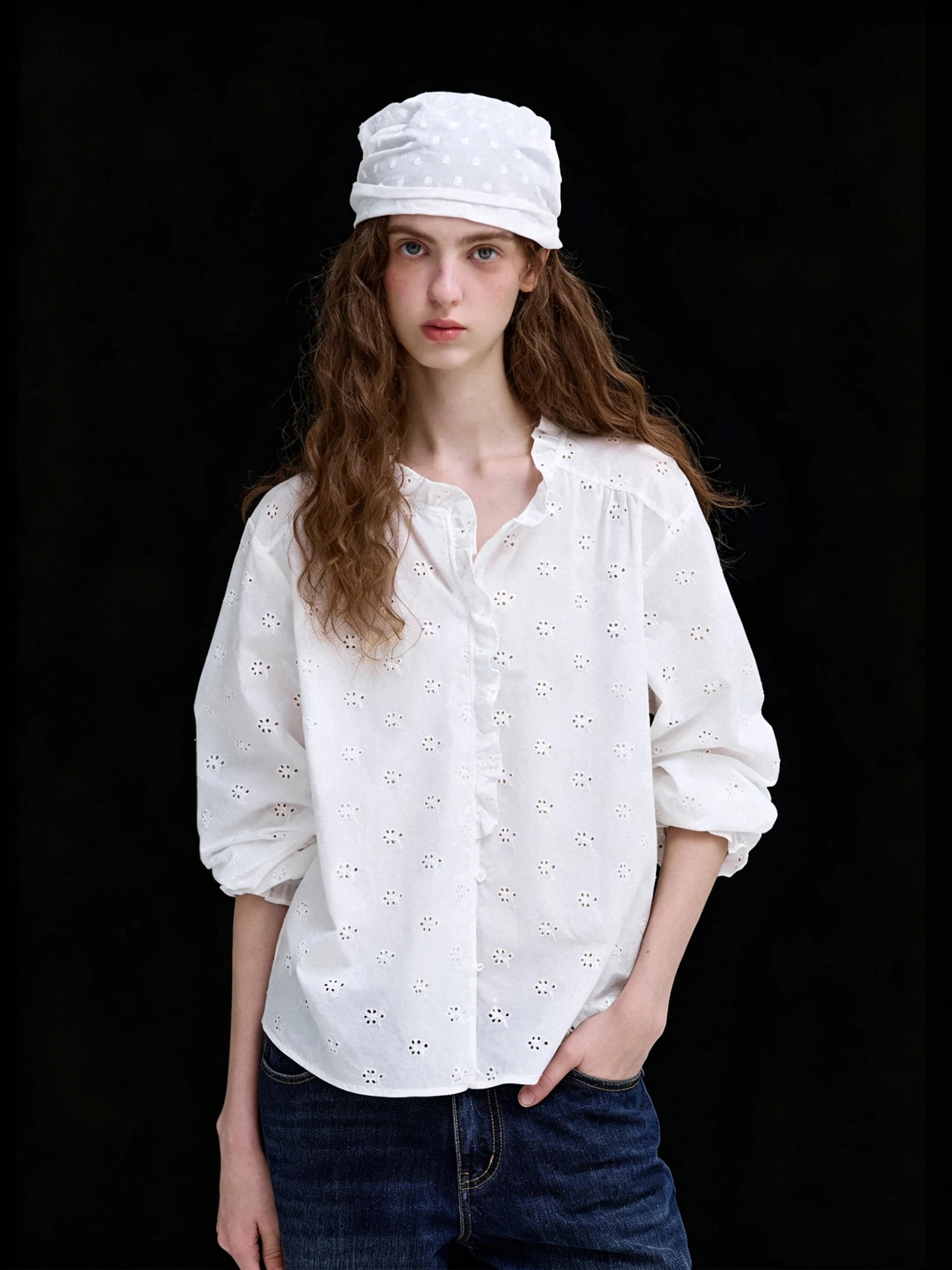 White openwork embroidered collared cotton shirt