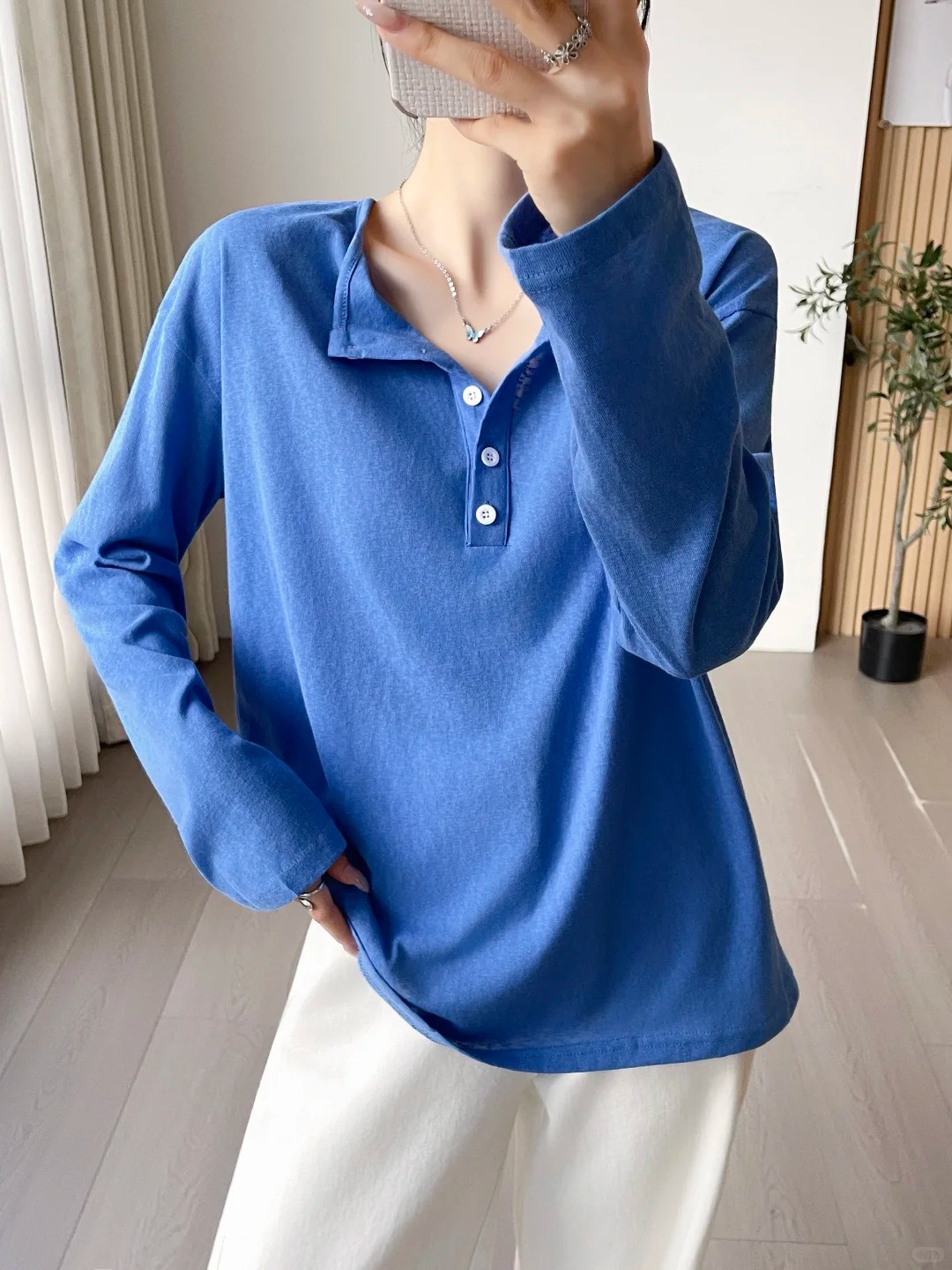 Blue Henley Neck Long‑Sleeve Shirt