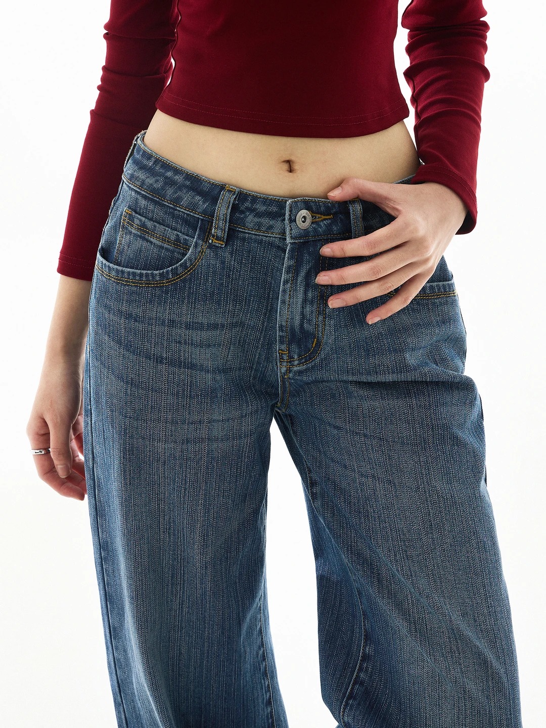 Dark blue mid-rise loose straight leg jeans