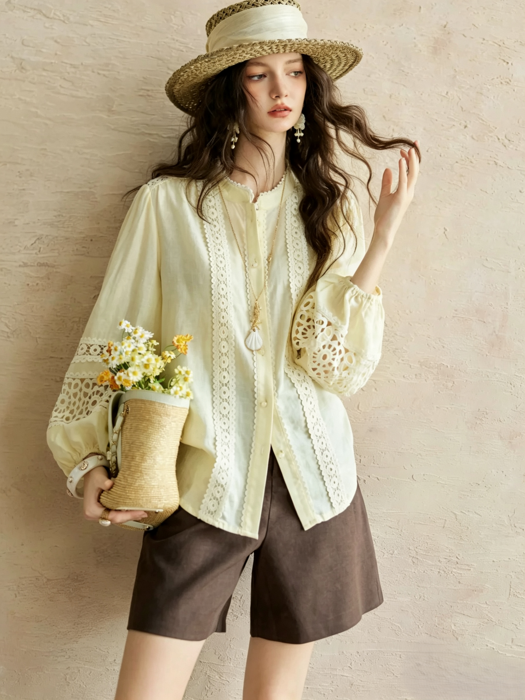 Cream Lace Hollow‑Out Bohemian Shirt