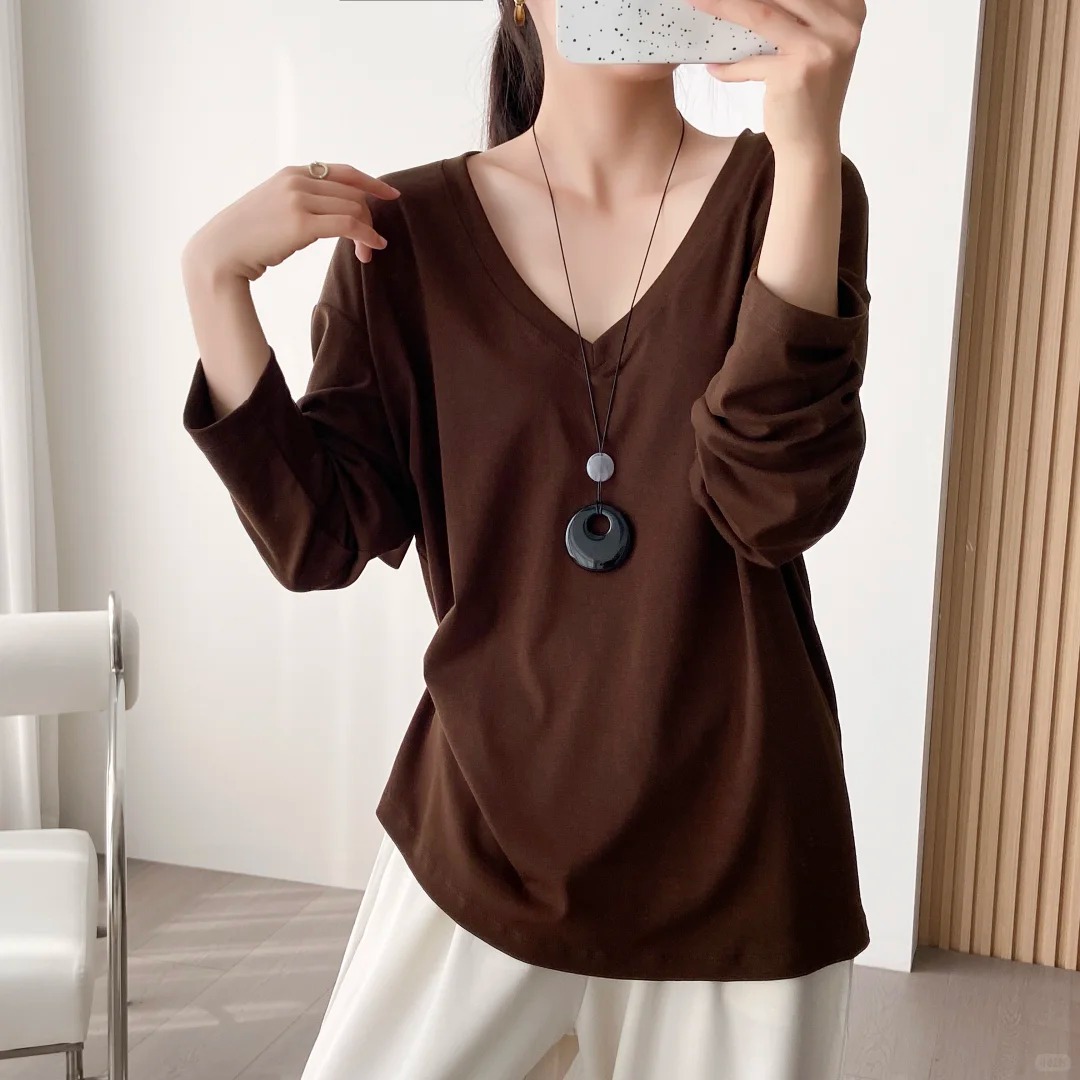 Brown V‑Neck Loose Long‑Sleeve Top