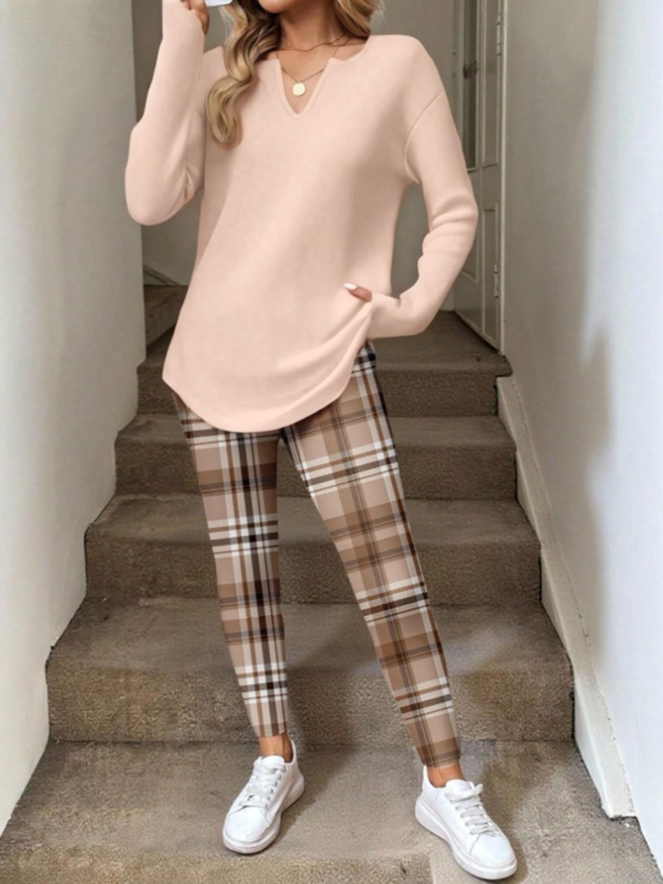2pcs/Set Women Long Sleeve T-Shirt And Leggings, spring/Autumn/Winter Work From Home Outfit Comfortable Outfits For Women 2 Piece Lounge Sets Woman Lounge Wear Breakfast Outfits For Women