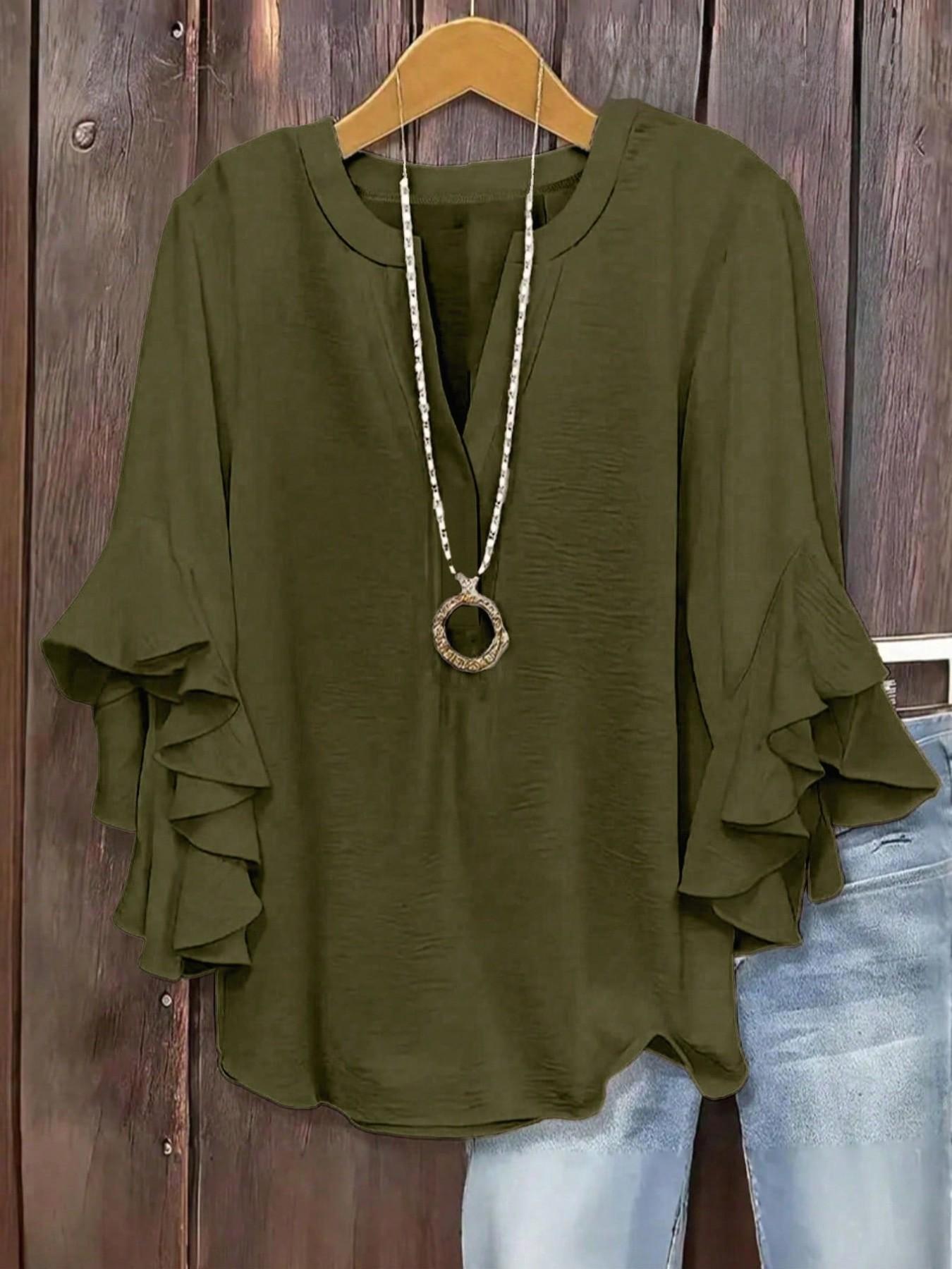 Plus Size Women's Ruffled Sleeve V-Neck Shirt Blouse Tops, Elegant Floral Design, Comfortable and Stylish, Perfect for Everyday Casual Wear