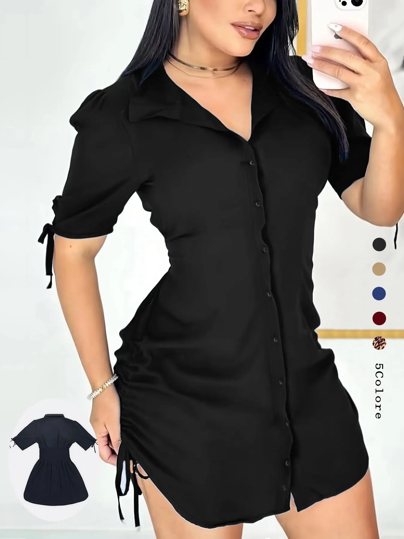 Women's Solid Color Shirt Collar Button Front Dress, Casual Short Sleeve Curved Hem Dress for Daily Wear