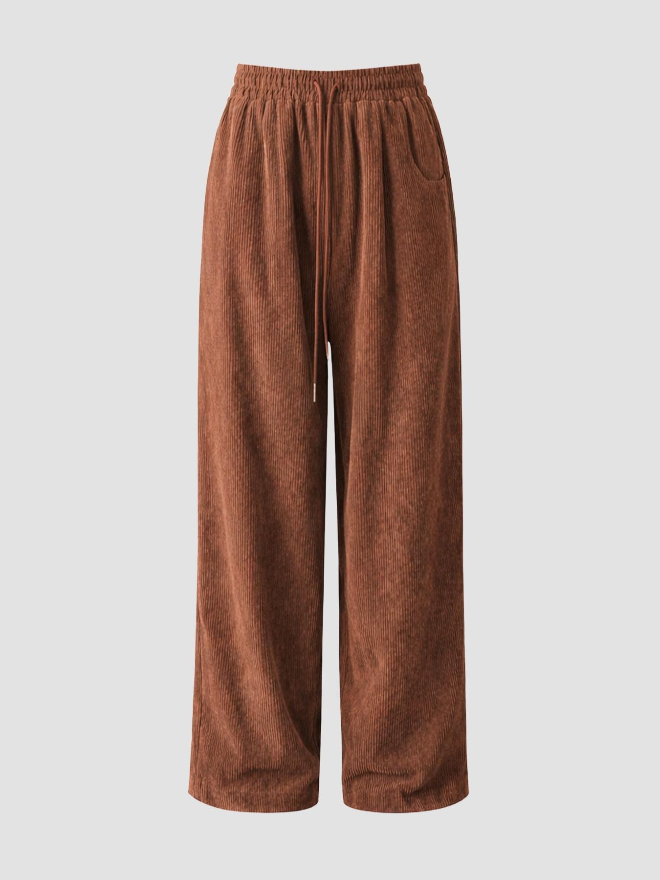 Women's Vintage Appeal Basic Loose-Fitting Baggy Solid Corduroy Drawstring Adjustable Bottom Pants, Womenswear Casual All-Season Straight Leg Trousers for Autumn & Winter Valentine's Day