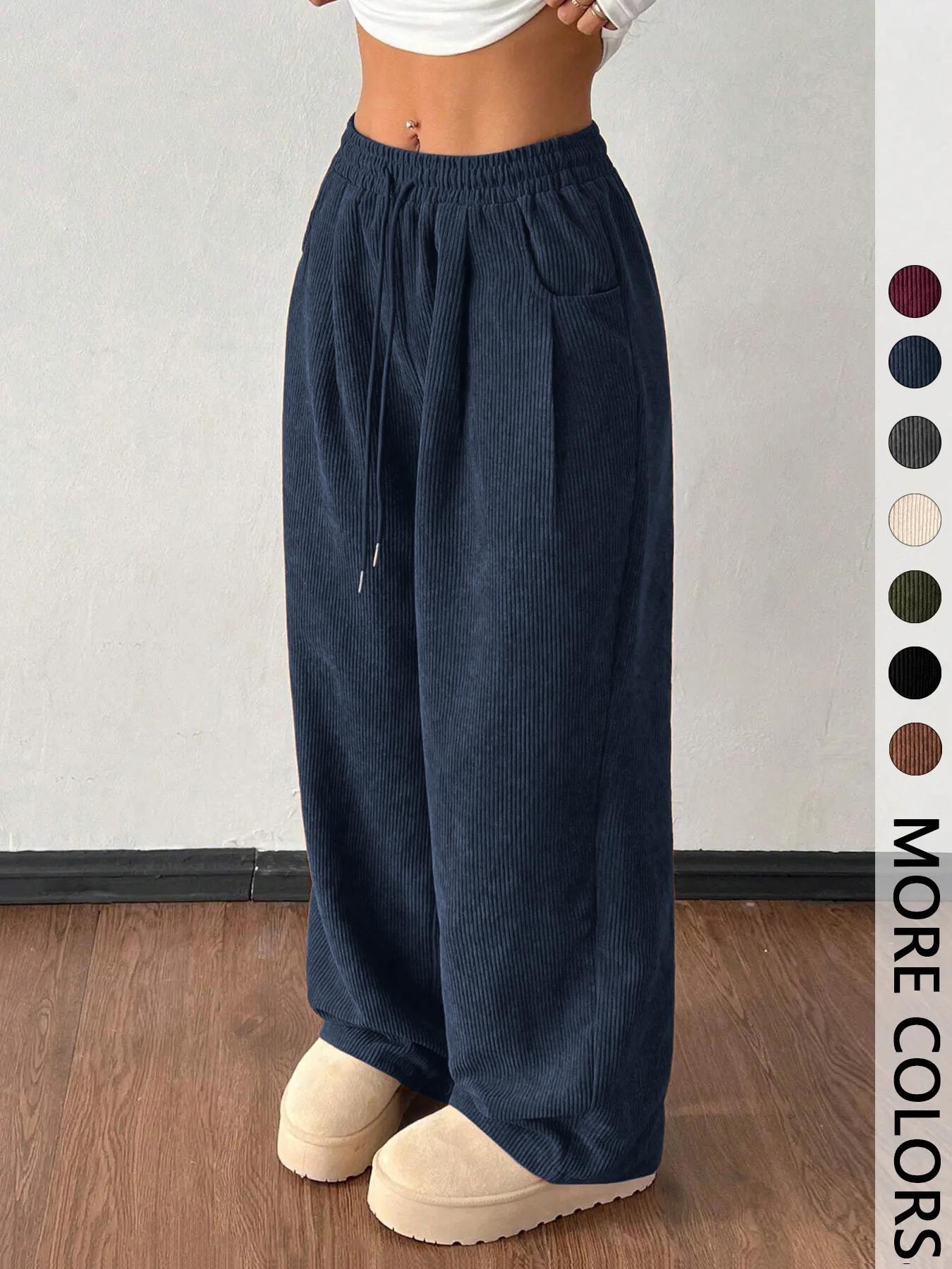 Women's Vintage Appeal Basic Loose-Fitting Baggy Solid Corduroy Drawstring Adjustable Bottom Pants, Womenswear Casual All-Season Straight Leg Trousers for Autumn & Winter Valentine's Day