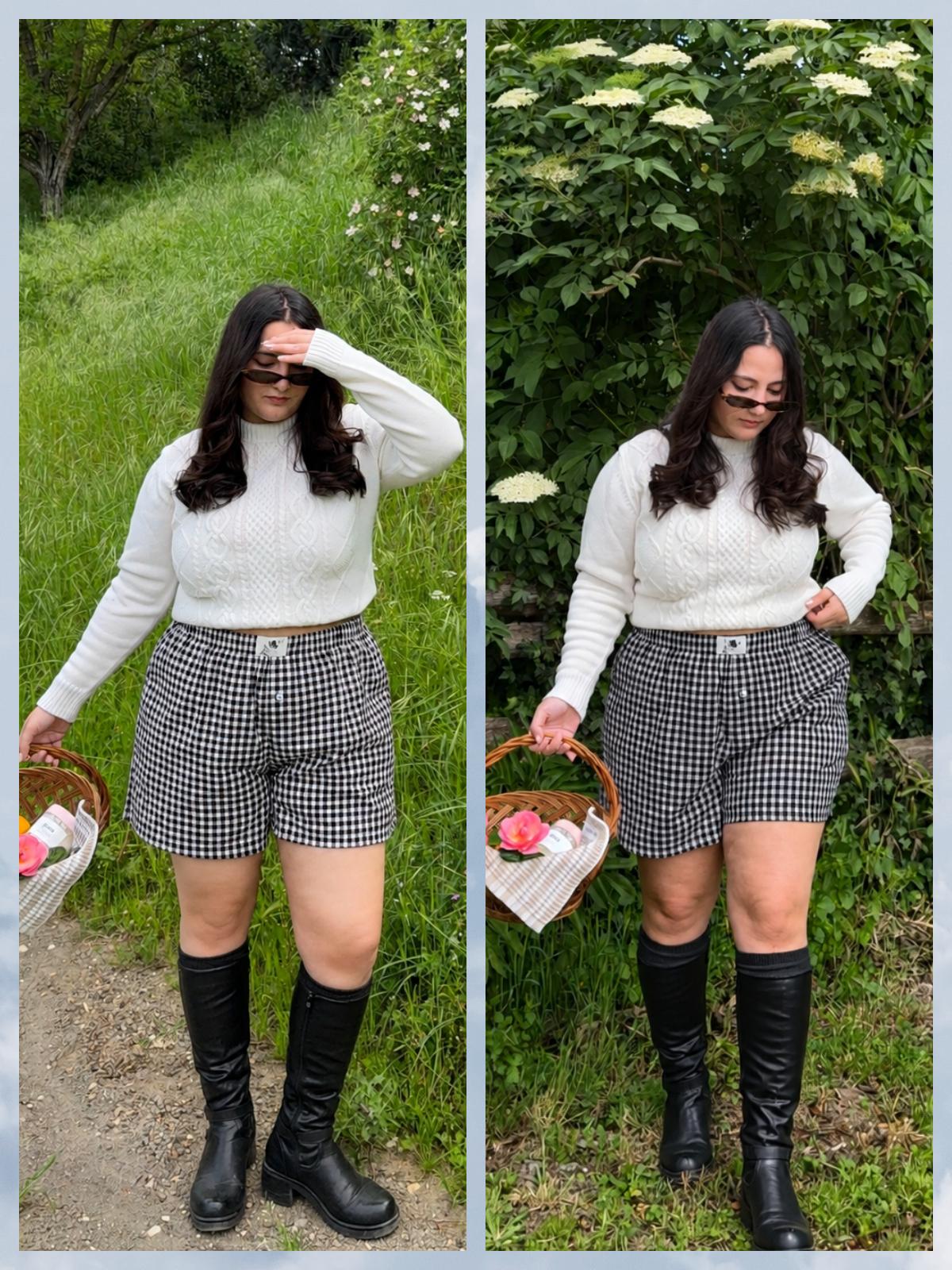 COOTRY【Plus Size】Women's Plaid Print Patched Elastic Waist Shorts, Gingham Boxer Shorts, Checkerboard Print Shorts,Casual Comfy Straight Leg Shorts for Summer,Ladies Bottoms for Daily Wear| Plus Size Fashion|Hide Belly Shorts|Flattering Fit