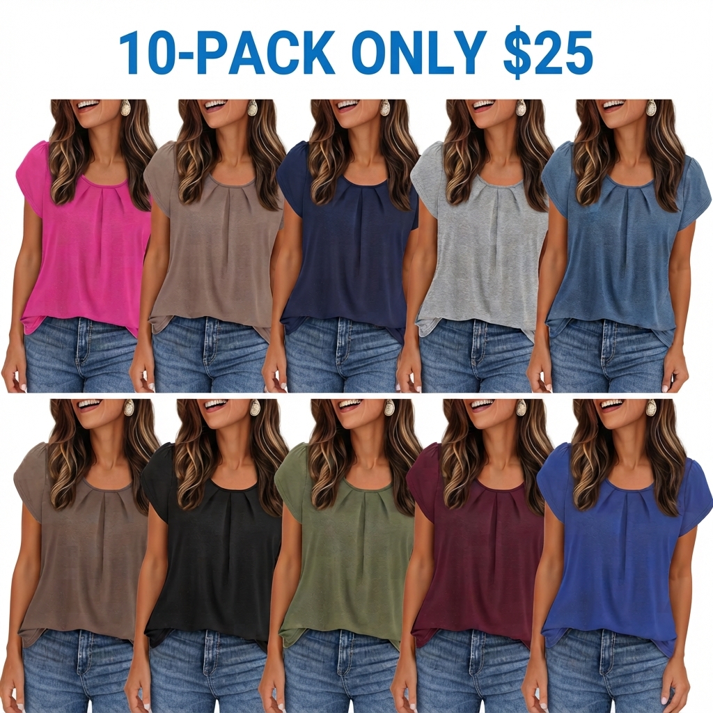 Pleated Crew Neck Basic T Shirts Womens Tops Dressy Casual Summer Short Sleeve Blouses