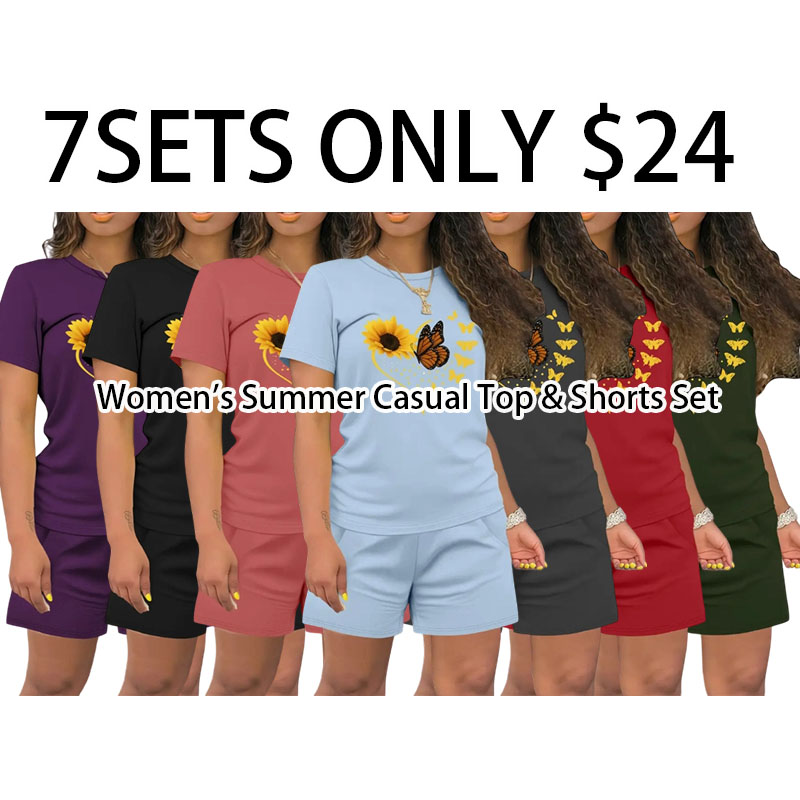 Women's Summer Casual Top & Shorts Set. Fitted Thin Lightweight Fabric Clothing