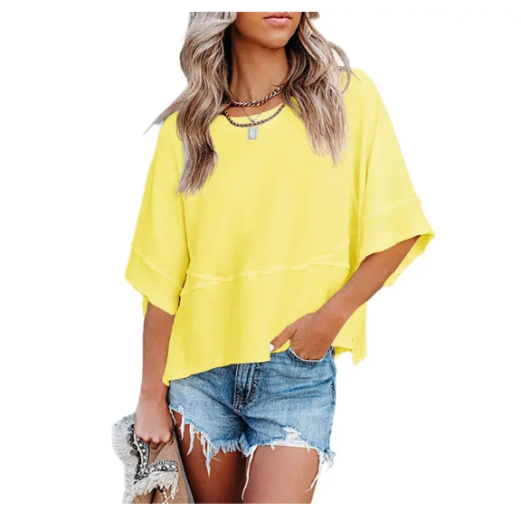 Women's Summer Casual Crewneck Batwing Half-Sleeve Oversized Tshirt - Loose Fit