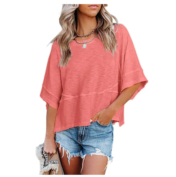Women's Summer Casual Crewneck Batwing Half-Sleeve Oversized Tshirt - Loose Fit