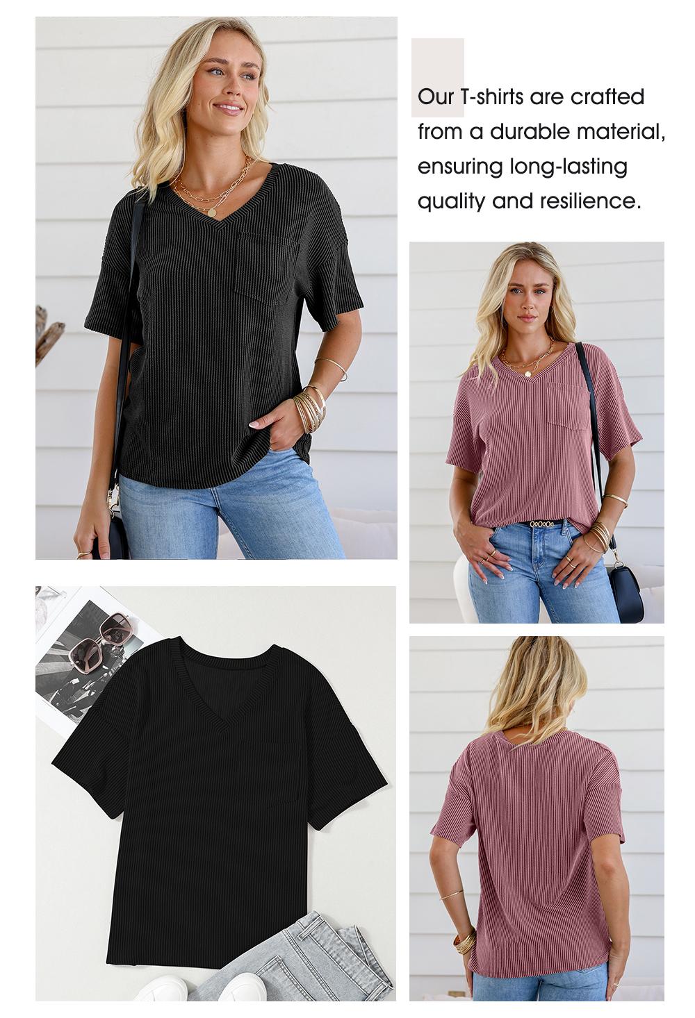 EVALESS Women's Oversized Summer T Shirts Tops V Neck Short Sleeve Ribbed Knitted Casual Loose Fit Blouses with Pocket 2026 Womenswear Outfits Summervibes Deals For You Days summer outfits