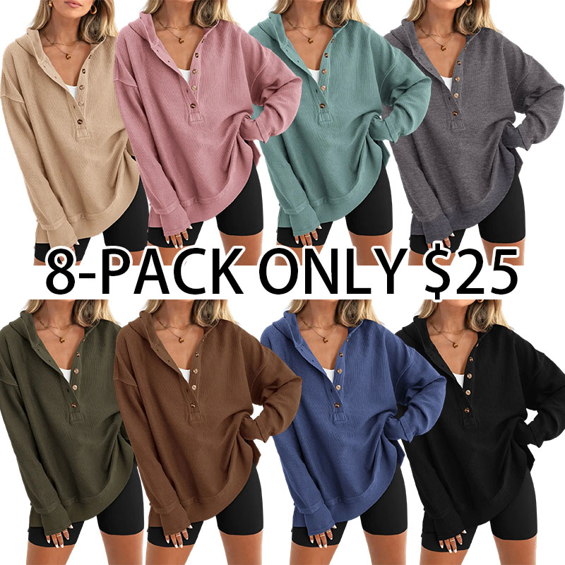 Womens Fashion Long Sleeve Hoodie Oversized Button Up V Neck Sweatshirt Side Slit Casual Pullover Tops for Fall Cozy Goals