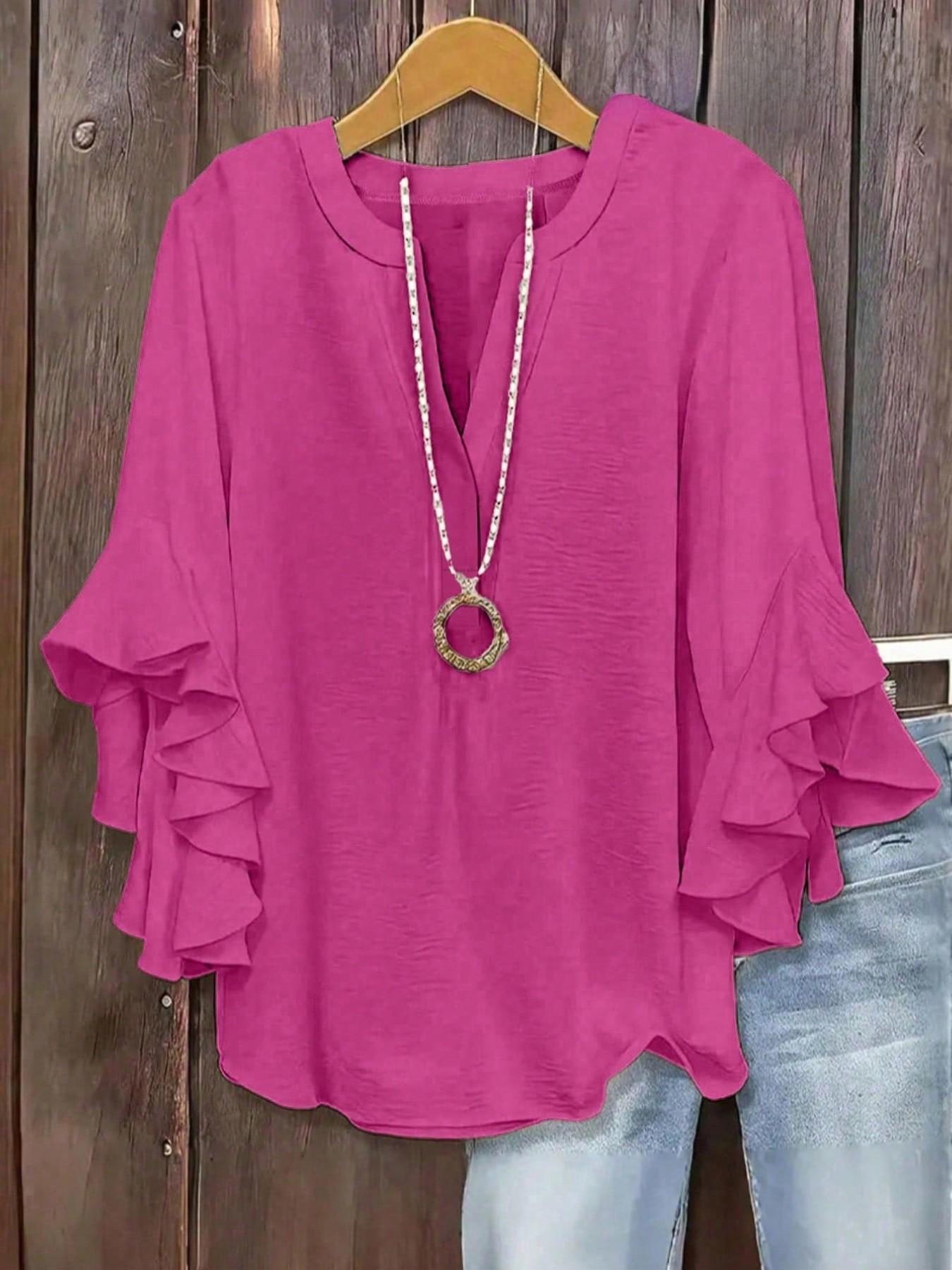 Plus Size Women's Ruffled Sleeve V-Neck Shirt Blouse Tops, Elegant Floral Design, Comfortable and Stylish, Perfect for Everyday Casual Wear