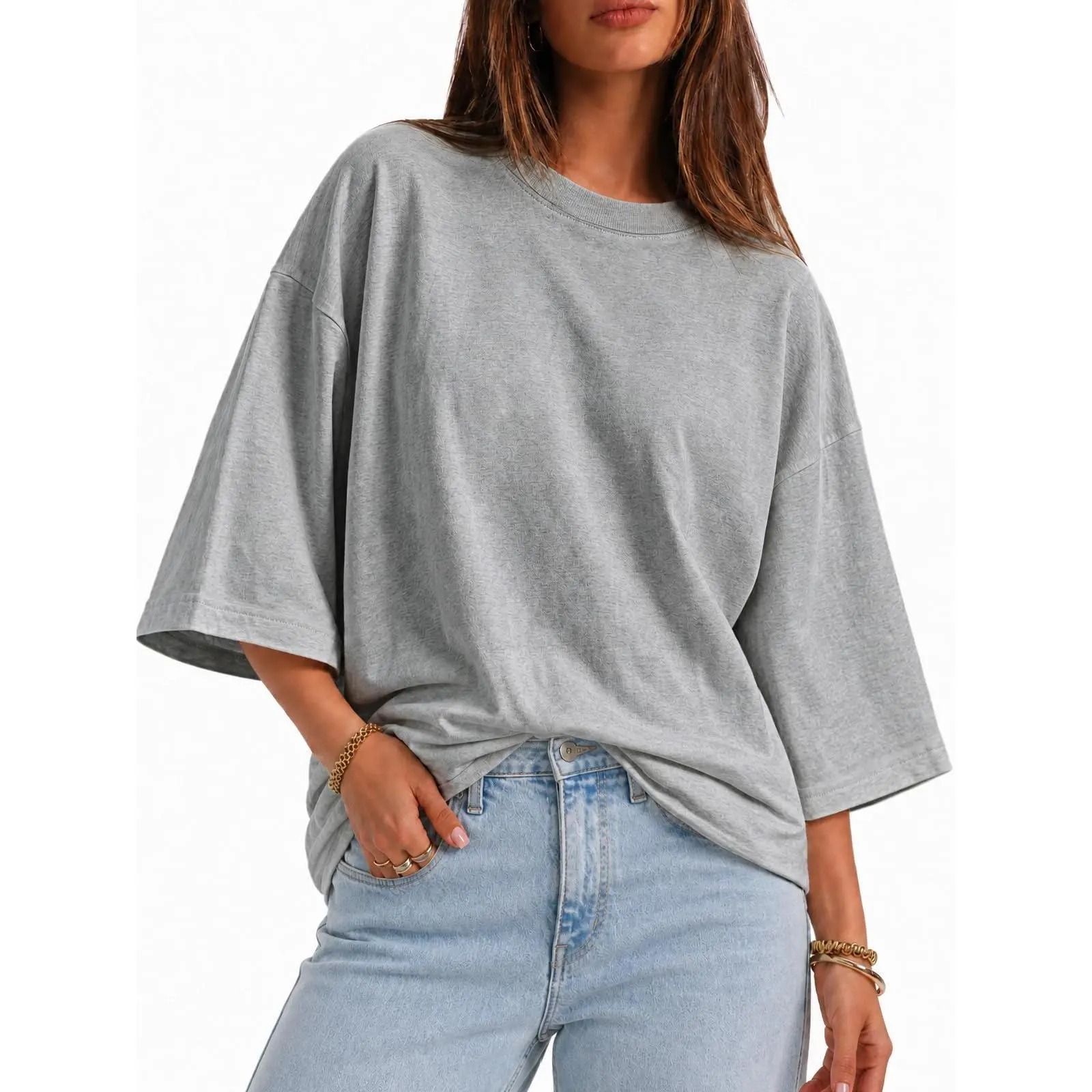 Women's Oversized Cotton-Elastane Crew Neck 3/4 Sleeve Flowy Baggy Loose-Fitting Casual Fall Basic Top