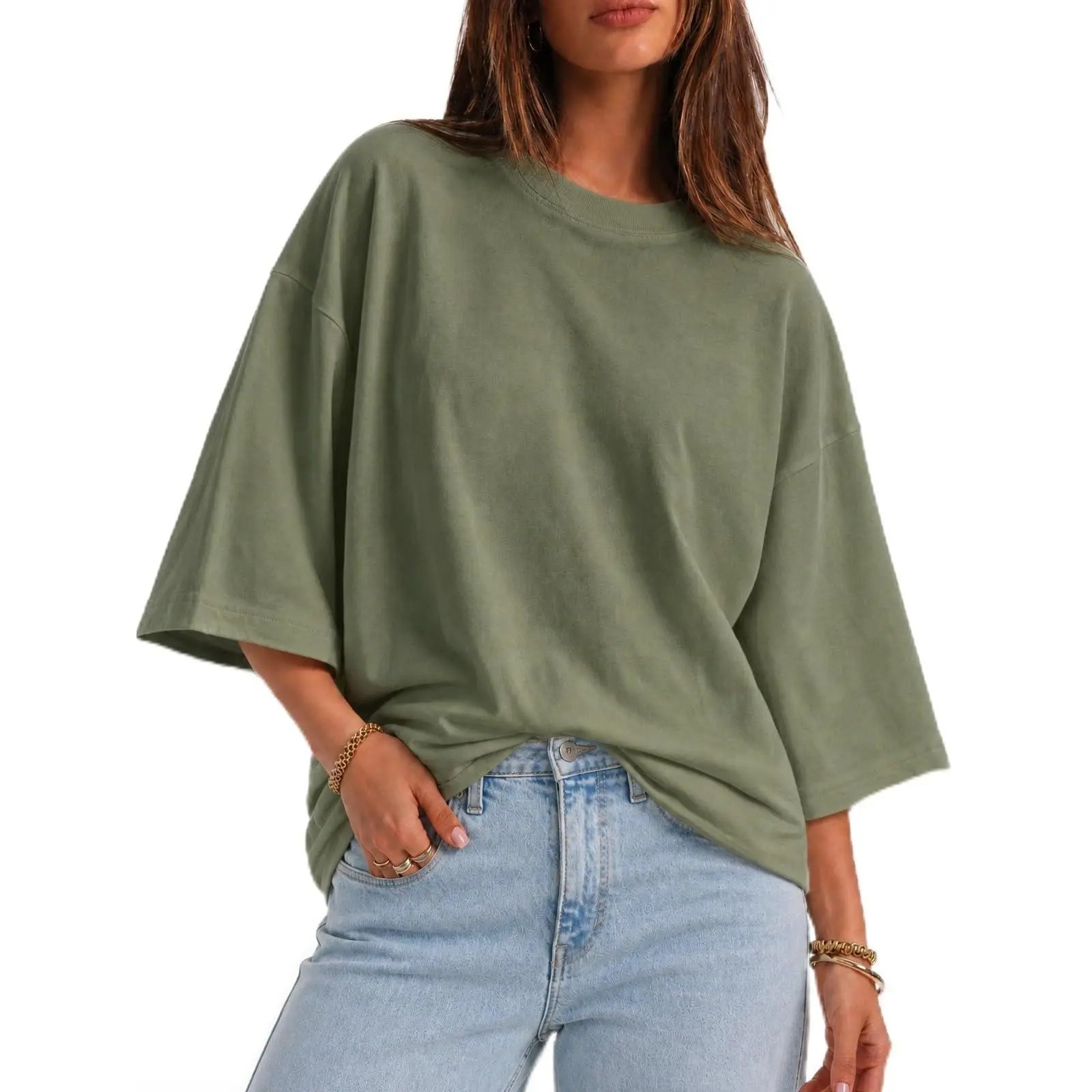 Women's Oversized Cotton-Elastane Crew Neck 3/4 Sleeve Flowy Baggy Loose-Fitting Casual Fall Basic Top