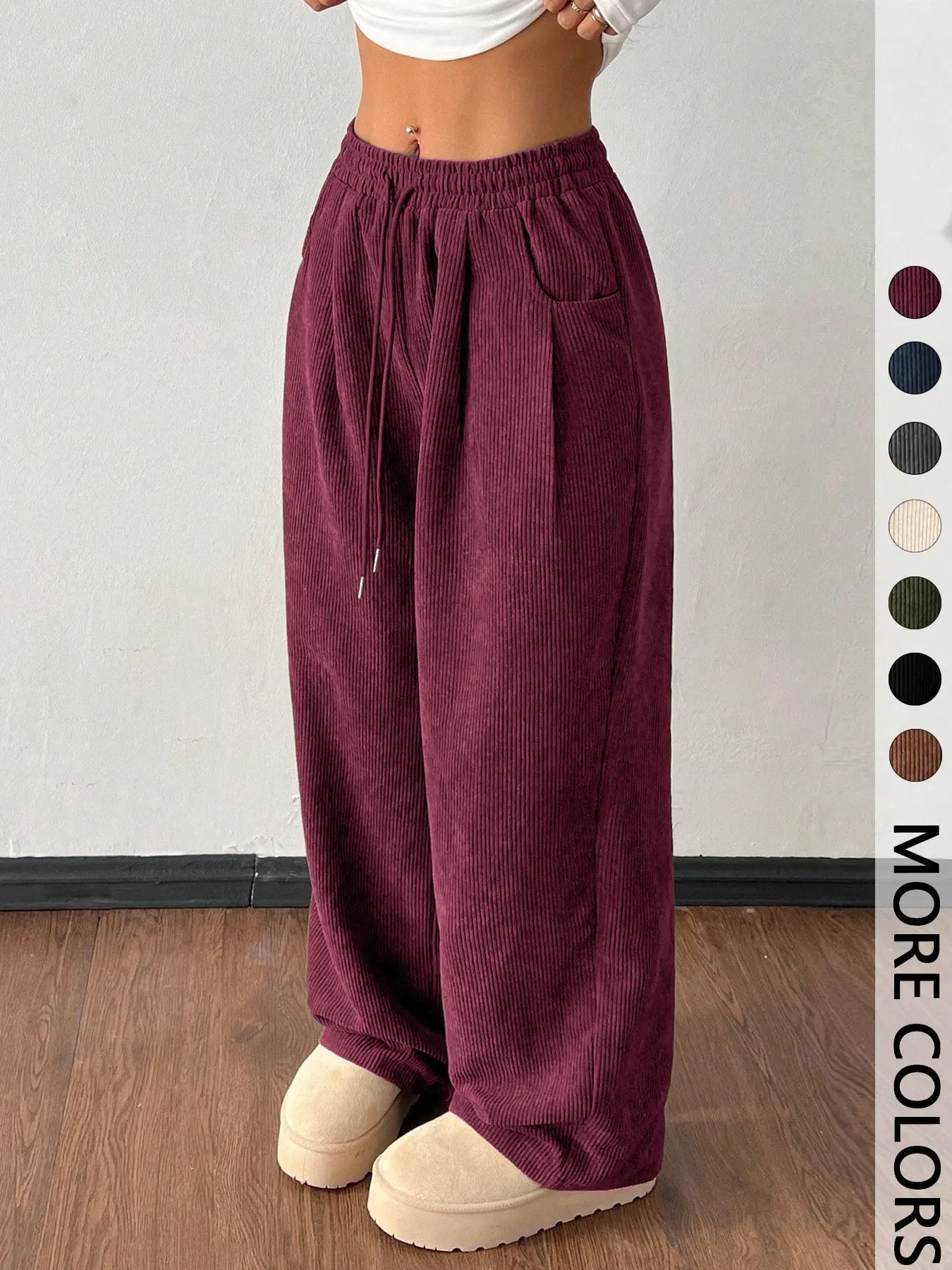 Women's Vintage Appeal Basic Loose-Fitting Baggy Solid Corduroy Drawstring Adjustable Bottom Pants 