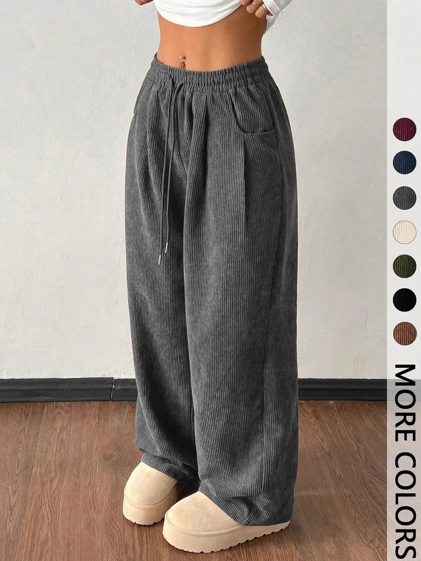 Women's Vintage Appeal Basic Loose-Fitting Baggy Solid Corduroy Drawstring Adjustable Bottom Pants 